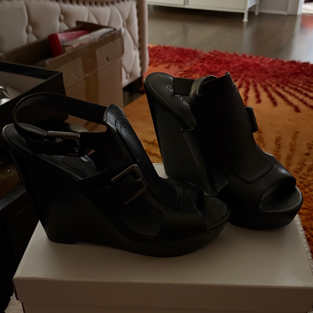 Calvin Klein Black Leather Wedge Sandals